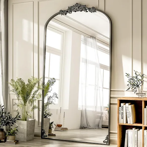 Vista 9 de GLSLAND Espejo Vintage - 72" x 44" Espejo de Cuerpo Completo Grande Tallado Arqueado con Marco de Metal Barroco Espejos de Cuerpo Completo para Negro