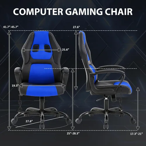 Vista 3 de Massage Gaming Chair – Ergonomic Office Desk Chair with Recline Function, PU Leather & Breathable Design, Lumbar Pillow, Adjustable Height, 360° Blue