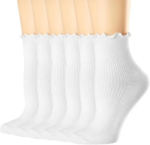 Vista 13 de Mcool Mary Calcetines con volantes para mujer, lindos calcetines de tobillo cálidos de invierno, de algodón de punto ondulado, paquete de 6 1 verde