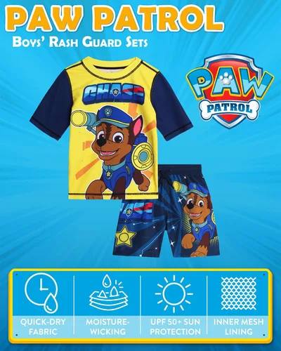 Vista 2 de Nickelodeon Paw Patrol - Conjunto de camiseta de natación y traje de baño para niños con UPF 50+ de Marshall and Chase, trajes de baño para niños