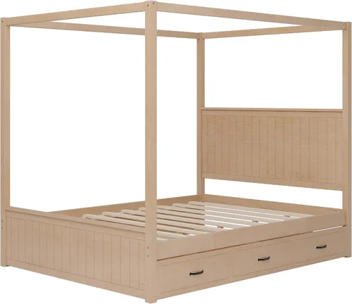 Vista 5 de Moderna plataforma de cama con dosel con dosel, tamaño Queen con cabecera de canal, plataforma de diseño de dosel de madera maciza con nido y 3