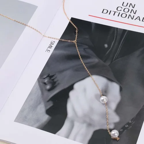 Vista 6 de Collar bohemio con caída en la espalda de perlas, cadena larga dorada, collar con telón de fondo de perlas, collar de boda, joyería para mujeres