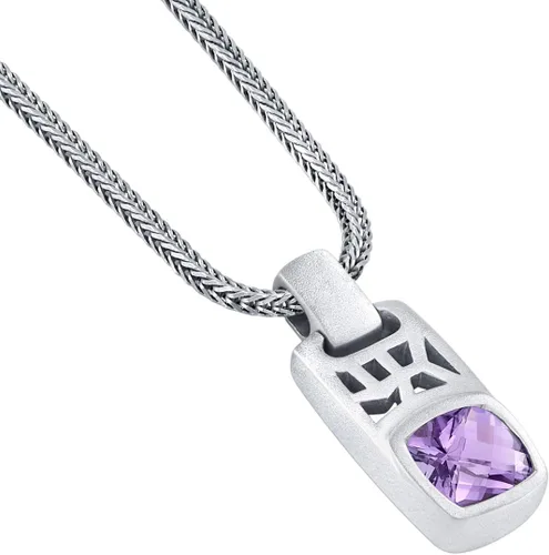 Vista 2 de Peora Collar con colgante de etiqueta de amatista para hombre en plata de ley, corte cojín de 2.75 quilates, acabado cepillado, con cadena italiana