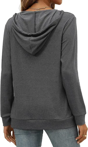 Vista 4 de Saloogoe Sudaderas con capucha con bolsillo tipo canguro para mujer, cuello en V, ligeras, manga larga