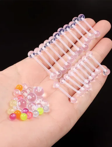 Vista 3 de Anillos de lengua de plástico de 14 G para cirugía deportiva, joyería de piercing de lengua transparente, acrílico flexible, recto, puente de barra