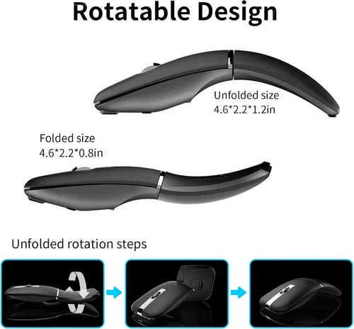Vista 5 de Ratón de viaje Bluetooth Arc, mouse inalámbrico giratorio recargable ultrafino, modo dual (BT5.0/3.0+2.4G), mouse portátil de arco silencioso Negro