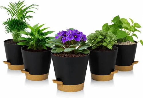 Vista 8 de Paquete de 12 macetas de riego automático de 4 pulgadas con drenaje y platillos, macetas de plástico para plantas de interior y exterior, macetas