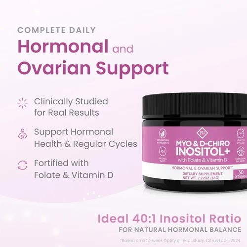 Vista 2 de Suplemento de inositol premium – Myo-inositol y D-Chiro Inositol en polvo más folato y vitamina D – Proporción ideal 40:1 – Equilibrio hormonal