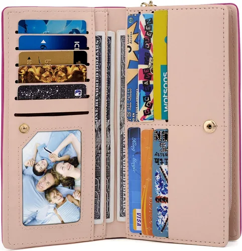Vista 4 de UTO Cartera de piel sintética para mujer, de gran capacidad, colgante de gato, soporte para teléfono, organizador de chequera, con cremallera