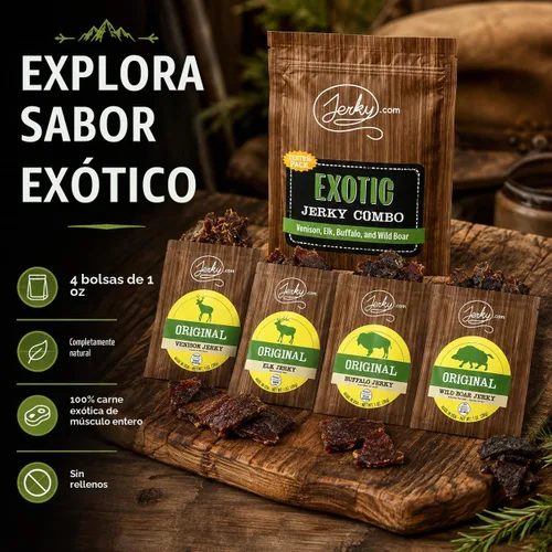 Vista 5 de Jerky 's Classic Exotic Jerky - Paquete variado de cecina con 4 tipos de cecina - Buffalo, jabalí, carne seca de venado y cecina de alce