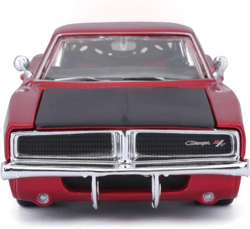 Vista 2 de 1969 Dodge Charger R/T Rojo Metálico con Capucha Negra y Rayas Negras Classic Muscle 1/25 Modelo de Auto Fundido a Presión por Maisto