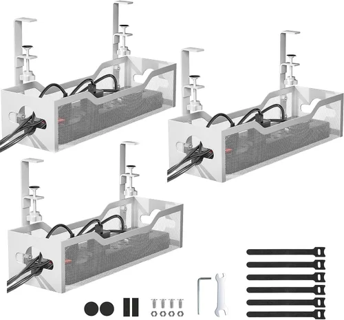 Vista 10 de Bandeja de organización de cables para debajo del escritorio, sin taladros, organización de cables de malla metálica debajo del escritorio
