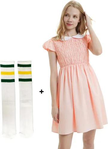 Vista 4 de Vestidos de cuello Peter Pan para mujer, color rosa puro, calcetines de manga corta incluidos