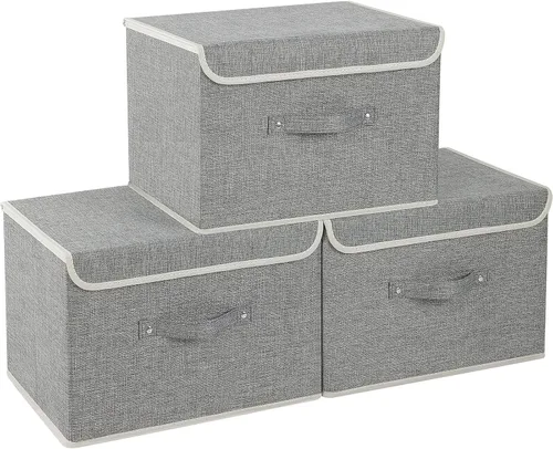 Vista 29 de Cajas de almacenamiento, contenedores de almacenamiento plegables con tapas, cestas de almacenamiento de tela de algodón y lino con asa