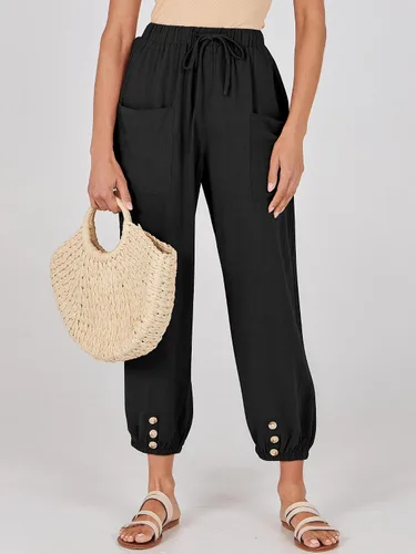 Vista 4 de ANRABESS Pantalones de lino de verano para mujer, estilo casual, pierna ancha, con cordón en la cintura, pantalones palazzo recortados