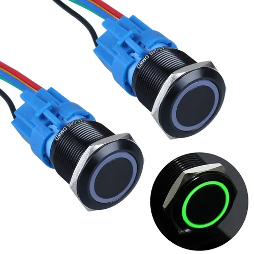 Vista 10 de 2 piezas de interruptor de botón de presión momentáneo de 16 mm 12V-24V LED de anillo 1NO 1NC impermeable (ON)-Apagado Cáscara de botón de metal
