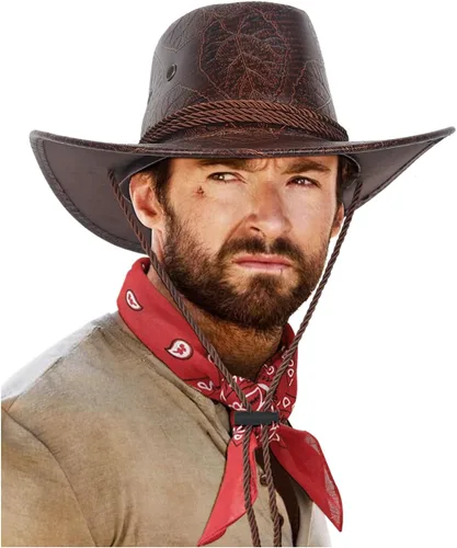 L'VOW Conjunto de sombrero de vaquero retro de piel sintética con bandana para mujeres y hombres, disfraz temático de fiesta