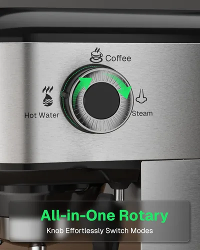 Vista 5 de HBN Máquina de café expreso de 20 Bar con espumador de leche, cafetera compacta para café molido, cafetera de acero inoxidable con varilla de vapor
