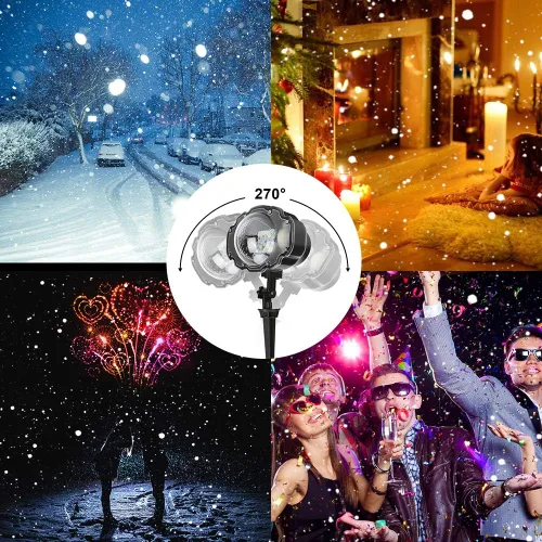 Vista 4 de Luces Proyector de Nevada Navideña para Exteriores, Lámpara Proyector de Nieve Cayendo Efecto Dinámico de Nieve Decoraciones de Puntos Navideños