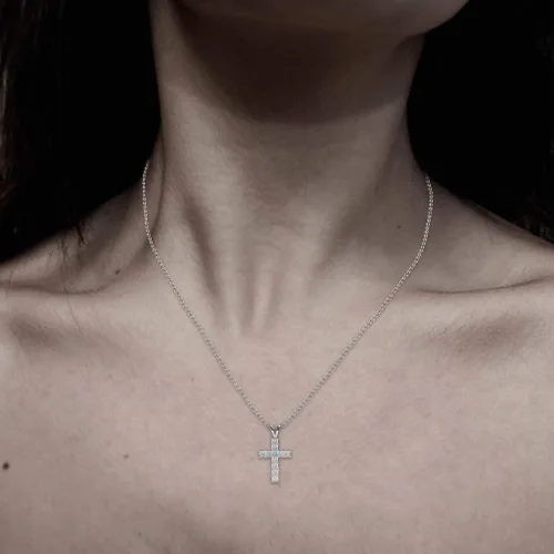 Vista 3 de Collar con colgante de cruz de zafiro blanco de 34 quilates para mujer, de 16 pulgadas, cadena de oro de 14 quilates