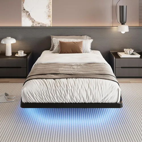 Vista 2 de SHA CERLIN Marco de cama flotante tamaño twin con luces LED inteligentes y estación de carga, cama de plataforma de metal resistente con diseño