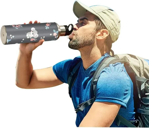 Vista 6 de Linda botella de agua de koala para niños, de acero inoxidable, con aislamiento al vacío, botella de boca de sandard con asa ancha #01