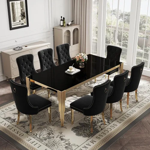 Vista 33 de Juego de mesa de comedor de cristal de 5 piezas para 4, mesa de cocina cuadrada de 37 pulgadas con 4 sillas tapizadas de terciopelo negro, mesa