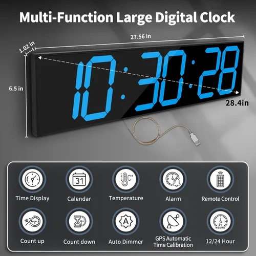 Vista 3 de CHKOSDA Reloj de pared digital grande de 28.4 pulgadas, reloj digital automático con alarma, clendar y termperature, sincronización automática