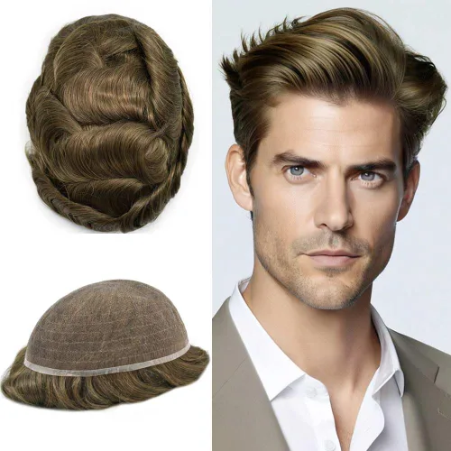 Vista 41 de Peluca de cabello humano con encaje completo, línea capilar real, para hombre, peluca de cabello con nudo blanqueado, pieza de pelo para hombres
