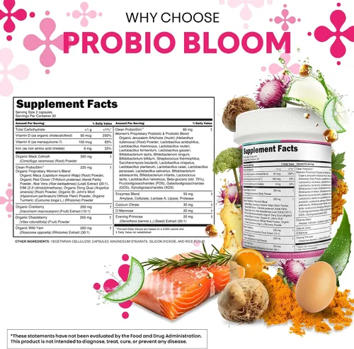 Vista 5 de Clean Nutraceuticals Probióticos para mujeres con D manosa, extracto de arándano, ñame silvestre, chasteberry – 20 cepas probióticas y prebióticas