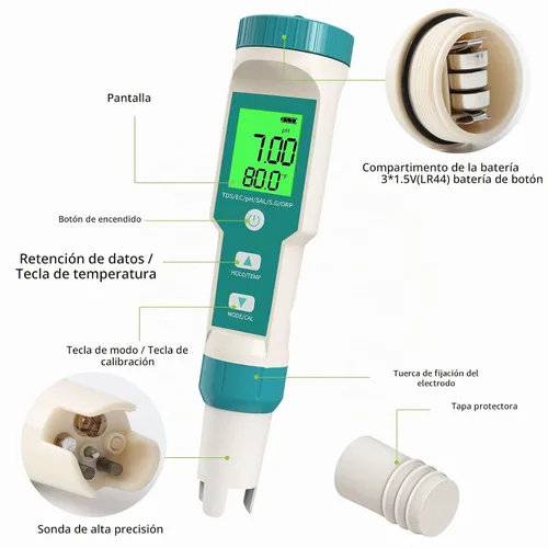 Vista 2 de Medidor de pH, 7 en 1 pH/TDS/EC/ORP/S.G/Medidor de salinidad/temperatura con medidor de pH ATC, medidor de agua de alta precisión de resolución