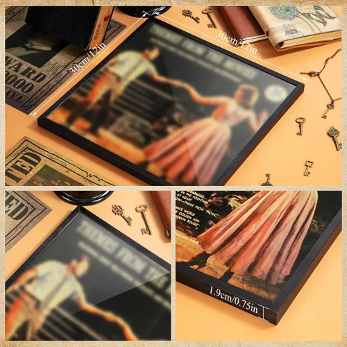 Vista 4 de Treela 6 marcos de álbum de vinilo negro de 12.5 x 12.5 pulgadas para exhibición, cable de grabación de 12 pulgadas con cubierta, álbum de música