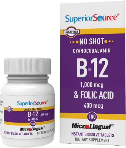 Vista 10 de Superior Source No Shot Vitamina B12 Cianocobalamina (1000 mcg), ácido fólico (400 mcg), tabletas microlingües de disolución rápida, 60