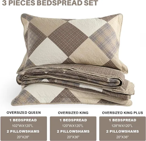 Vista 5 de Juego de ropa de cama de tamaño Queen grande, colcha de 120" x 102", 100% algodón, colcha acolchada ligera, juego de cubrecama de estilo rústico, 3
