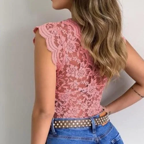 Vista 4 de Camisetas sexys para mujer con ribete de encaje festoneado hueco transparente para noche fiesta club