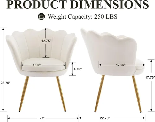 Vista 2 de chairus Silla de tocador de maquillaje blanca crema con respaldo, pequeña silla moderna tapizada de terciopelo con patas de metal dorado, bonita