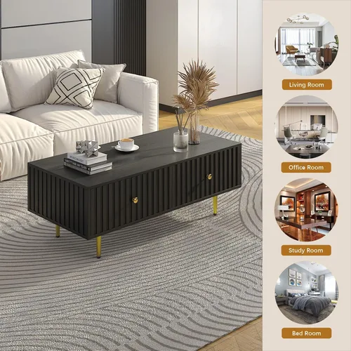 Vista 7 de HedoAjim Mesa de centro moderna con almacenamiento con 2 cajones grandes, mesa auxiliar rectangular negra para sala de estar, mesa de té acanalada