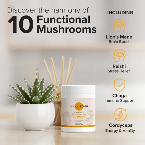Vista 2 de Gomitas de hongos Harmony Blend Suplemento diario de hongos para adultos Complejo de hongos 10 en 1: melena de león, reishi, cordyceps, chaga y más