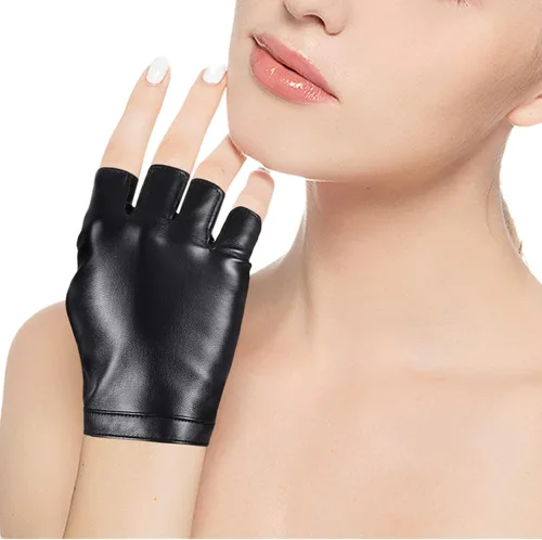 Vista 5 de Accmor Guantes de piel sintética sin dedos, guantes de conducción, deportes al aire libre, cosplay, disfraz de medio dedo para mujeres, hombres