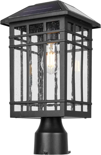 Vista 13 de Luces de poste solares para exteriores, lámparas de poste negro impermeables y antioxidantes con vidrio transparente, lámpara LED alimentada por