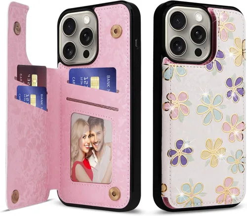 Vista 33 de UEEBAI Funda tipo cartera para iPhone 13 con tarjeteros, piel sintética, diseño floral, función atril, bloqueo RFID, doble cierre magnético, funda