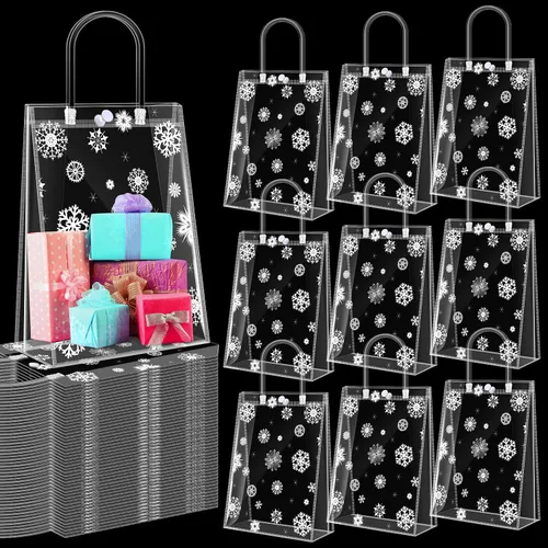 Vista 7 de Gueevin 60 piezas de bolsas de regalo de Navidad transparentes con asas, bolsas de plástico a granel para dulces, con temática de copo de nieve