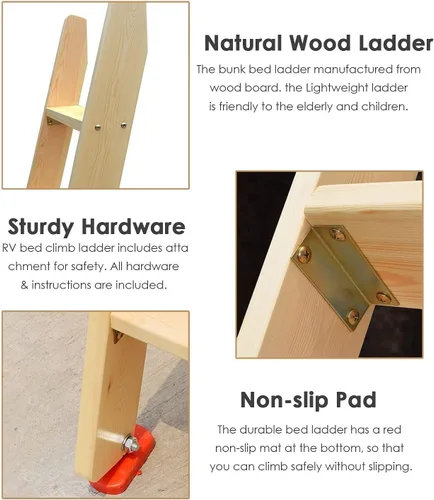 Vista 3 de Escalera antideslizante de madera de 60 pulgadas con 5 bandas de rodadura anchas, escalera de seguridad para adultos mayores