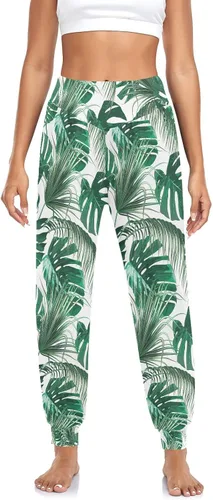 Vista 3 de Flamingos - Pantalones de flores tropicales para mujer, pantalones deportivos de cintura alta, pantalones de harén para mujer, cómodos pantalones