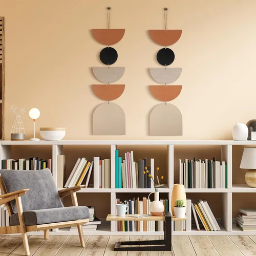 Vista 4 de Wesiti 2 piezas de decoración de fase lunar ciclo lunar colgante de pared de fase de madera, decoración bohemia decorativa para sala de estar