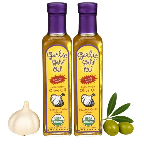 Vista 10 de Garlic Gold Aceite de oliva virgen extra infundido con ajo, certificado orgánico USDA premium, bajo FODMAP, prensado en frío (8.44 onzas líquidas)