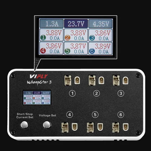 Vista 2 de VIFLY WhoopStor V3 6 Puertos 1S LiPo Cargador de almacenamiento de batería y descargador con pantalla LCD Pequeño cargador Whoop con conectores