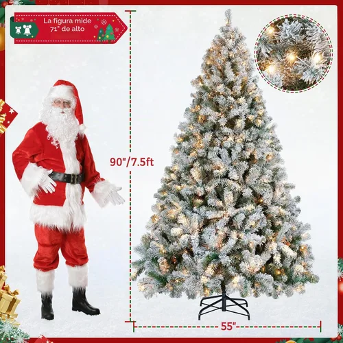 Vista 4 de Yaheetech Árbol de Navidad Artificial Nevado Preiluminado de 7.5 pies con 550 Luces Blancas Cálidas, 1284 Puntas de Ramas Frondosas y Diseño
