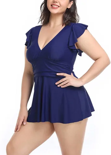 Vista 2 de Traje de baño de mujer con estampado retro con panel dividido, ángulo plano, grande, traje de baño tipo tankini con cuello redondo