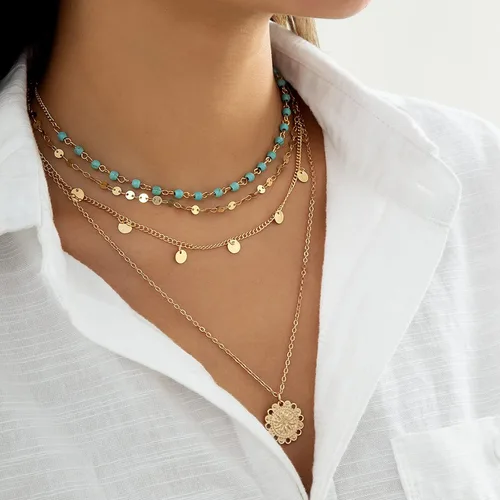Vista 3 de Collar de oro para mujer, juego de collares de moda en capas, collar bohemio con cuentas de turquesa, collar largo con dije de moneda, collar